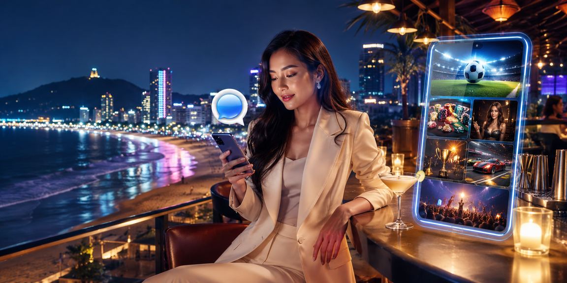 Người dùng thực hiện giao dịch casino trực tuyến tại bãi biển Vũng Tàu trên điện thoại